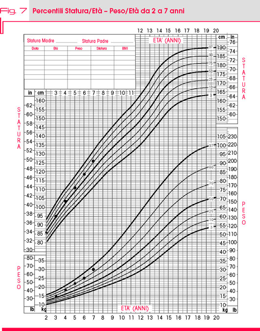 Fig. 7 Percentili Statura/Età – Peso/Età da 2 a 7 anni